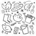 Gardening tools set with cartoon chickens. Vector hand drawn outline sketch illustration Royalty Free Stock Photo